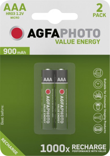 Agfaphoto Batterij NiMH, Micro, AAA, HR03, 1.2V/900mAh Value Energy, Retail-blisterverpakking (2 stuks)