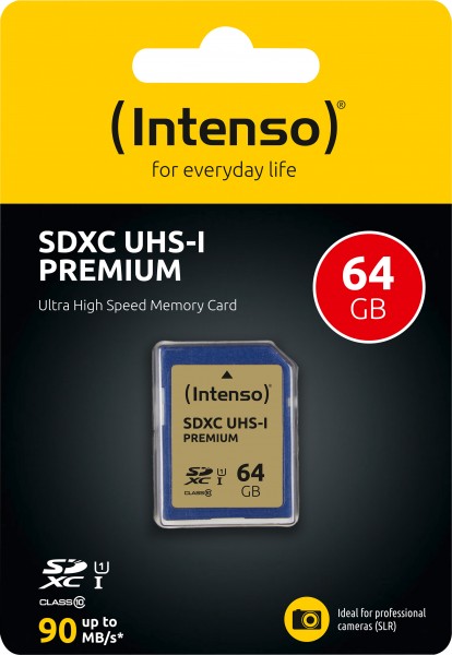 Intenso SDXC-kaart 64GB, Premium, Class 10, U1, UHS-I (R) 90MB/s, (W) 10MB/s, blisterverpakking