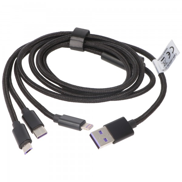 3IN1 USB datakabel geschikt voor USB-C, iPhone, MICRO-USB kabel 1 meter ZWART