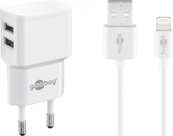 Goobay Apple Lightning dual oplaadset 2,4 A - voeding met 2x USB-aansluiting en Apple Lightning-kabel 1m (wit)