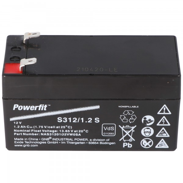 Exide Powerfit S312 / 1,2S PB-loodbatterij 12 volt, 1200 mAh met Faston-contact van 4,8 mm
