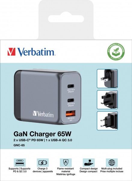 Verbatim oplaadadapter, universeel, GNC-65, GaN, 65W, grijs 1x USB-A QC, 2x USB-C PD, retail