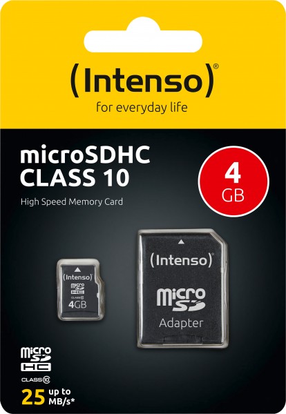 Intenso microSDHC-kaart 4 GB, klasse 10 (R) 25 MB/s, (W) 10 MB/s, SD-adapter, blisterverpakking