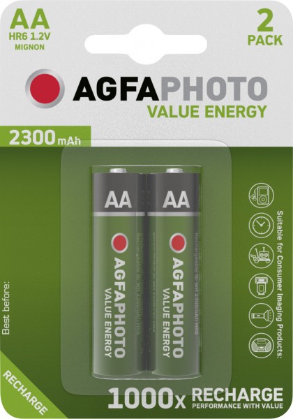 Agfaphoto Batterij NiMH, Mignon, AA, HR06, 1.2V/2300mAh Value Energy, Retail-blisterverpakking (2 stuks)