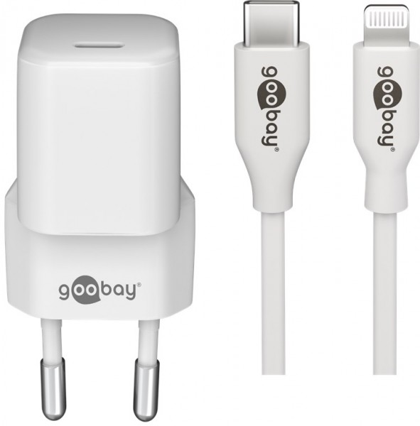 Goobay Lightning/USB-C™ PD oplaadset Nano (20 W) - USB-C™ voedingsadapter 20 W inclusief USB-C™ naar Lightning-kabel voor bijv. iPhone 12