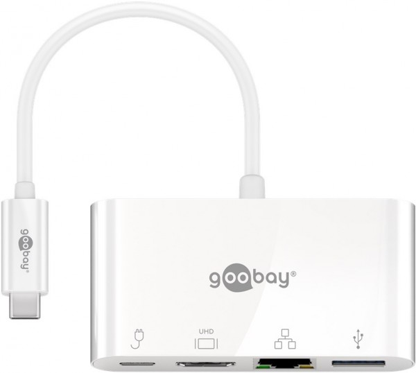 Goobay USB-C™-multipoortadapter HDMI+Ethernet, PD, wit - voegt een Ethernet-, een HDMI™- en een USB 3.0-poort toe aan een USB-C™-apparaat