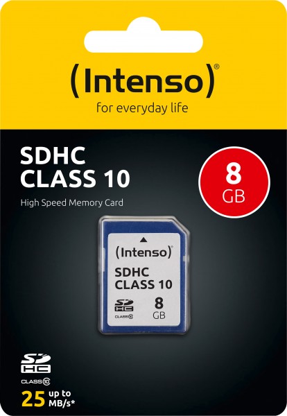 Intenso SDHC-kaart 8GB, Class 10 (R) 25MB/s, (W) 10MB/s, blisterverpakking