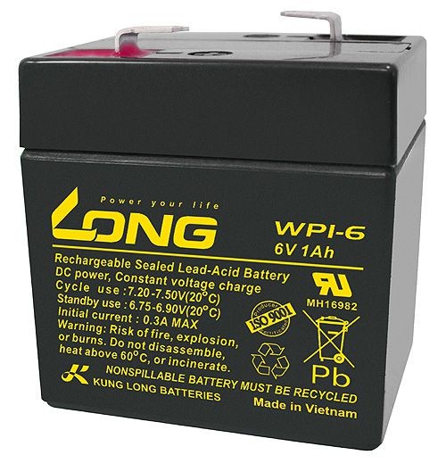 Kung Lange WP1-6 loodbatterij 6 volt 1Ah met Faston 4,8 mm stekkercontact