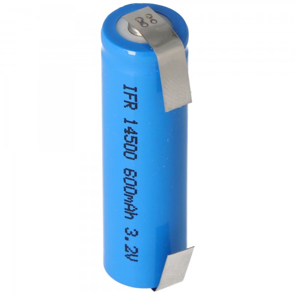 3,2 volt zonnebatterij Lithium IFR 14500 AA 600 mAh LiFePo4-batterij met onbeschermde kop 14,2 x 50,6 mm, met soldeertags in een U-vorm