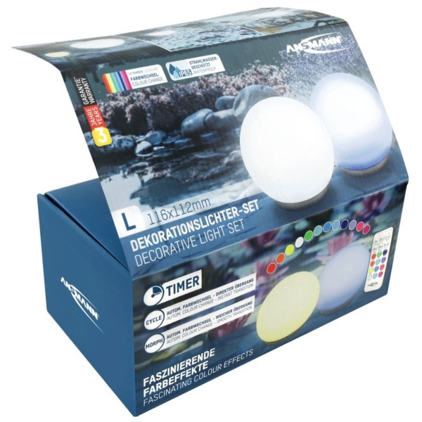2 stuks ANSMANN Aqua Ball drijvende LED-waterlichten met kleurfuncties, inclusief 3 AAA microbatterijen en afstandsbediening