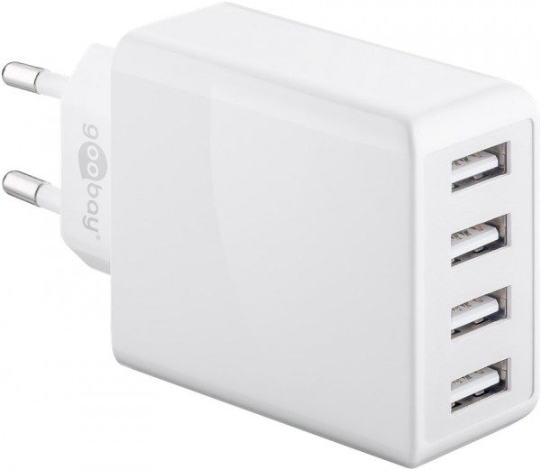 4-voudige USB-oplader, meervoudige USB-oplader, 30W, laadt maximaal 4 apparaten tegelijkertijd op, wit