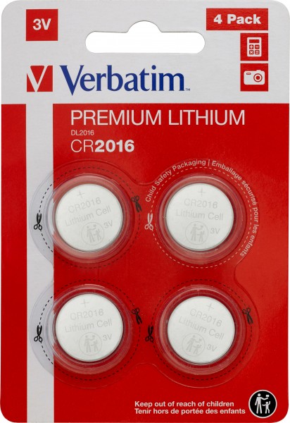 Verbatim Batterij Lithium, Knoopcel, CR2016, 3V Retail Blister (4-Pack)