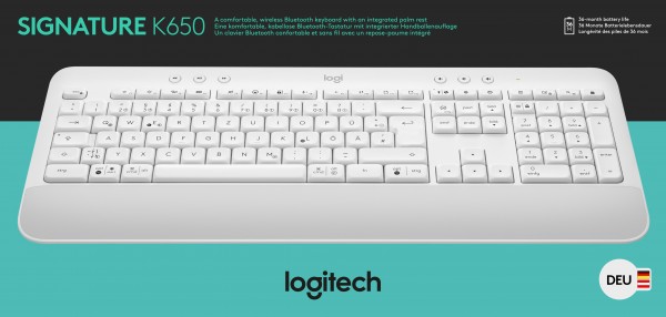 Logitech Keyboard K650, Wireless, Bolt, Bluetooth, white Signature, DE, Retail