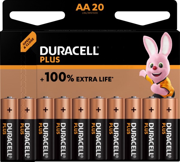 Duracell Alkaline Batterij, Mignon, AA, LR06, 1.5V Plus, Extra Life, Retail Blister (20-Pack)