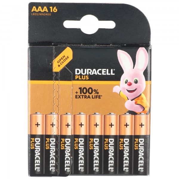 Duracell Batterij Alkaline, Micro, AAA, LR03, 1.5V Plus, Extra Life, Retail Blister (16-Pack)
