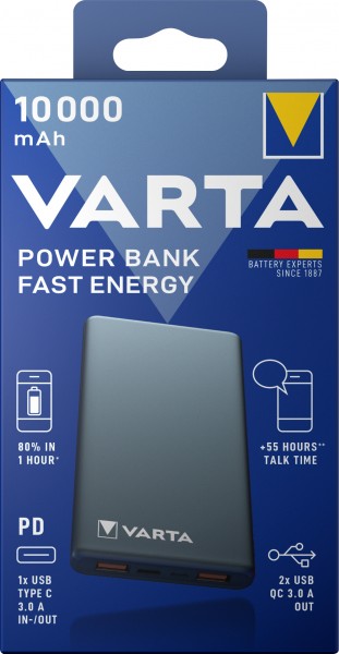 Varta accu powerbank, 5V/10.000mAh, Fast Energy, grijs 2xUSB-A/Micro-B/-C, Quick Charge 3.0