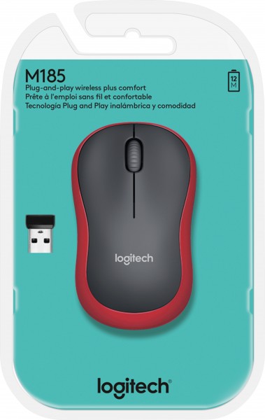 Logitech Mouse M185, draadloos, rood optisch, 1000 dpi, 3 knoppen, retail