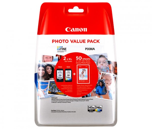 Canon inktcartridges voordeelpakket PG545XL/CL-546XL zwart/kleur, inclusief 50 vellen fotopapier 10x15cm