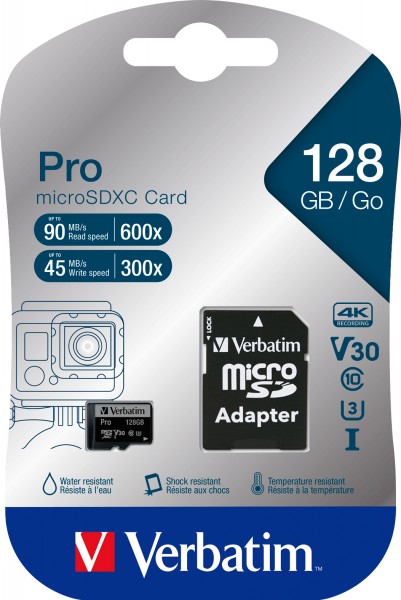 Verbatim microSDXC-kaart 128 GB, PRO, U3, UHS-3, 4K UHD (R) 90 MB/s, (W) 45 MB/s, SD-adapter, blisterverpakking
