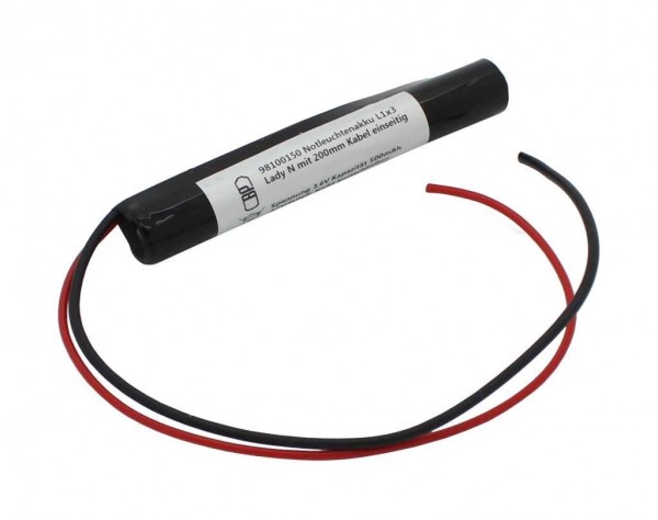 Batterij voor noodlicht NiMH 3.6V 500mAh L1x3 Lady N met 200 mm kabel aan één zijde vervangt 3.6 V batterij