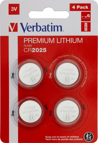 Verbatim Batterij Lithium, Knoopcel, CR2025, 3V Retail Blister (4-Pack)