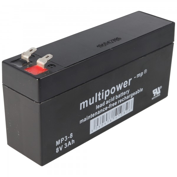 Multipower MP3-8 loodbatterij 8 volt 3000 mAh met 2 Faston-contacten van 4,8 mm
