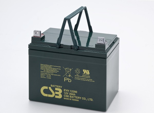 CSB-EVH12390 12 volt AGM loodzuurbatterij 39Ah, 195x130x178mm M6 platte pool - M6 B / N cyclusbestendig + stand-by