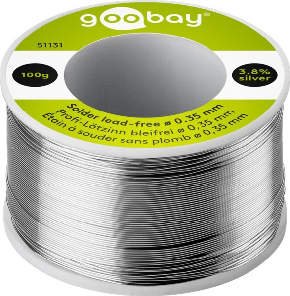 Goobay professioneel loodvrij soldeer, ø 0,35 mm, rol 100 g - samenstelling: 3,8% zilver, 0,7% koper, 93,8% tin, fluxgehalte: 2%, smeltpunt 217° C