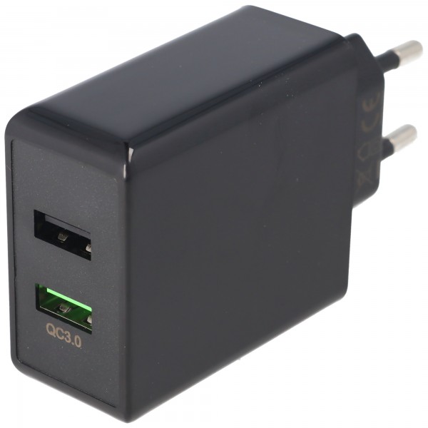 Dubbele USB-snellader USB QC3.0 28W zwart, laadt tot 4x sneller op dan standaardladers