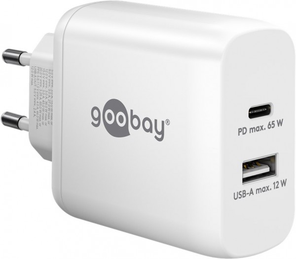 Goobay USB-C™ PD dubbele snellader (65 W) wit - 1x USB-C™ poort (Power Delivery) en 1x USB-A poort - wit