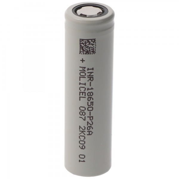 Molicel INR18650-P26A, 2600mAh 35A Li-ion batterij, 3.6V - 3.7V onbeschermd, platte bovenkant, afmetingen 65x18.45mm
