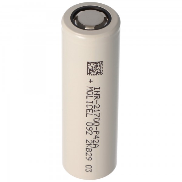 Molicel INR21700-P42A 4200mAh 45A Li-ion batterij, 3.6V - 3.7V onbeschermd, platte bovenkant, afmetingen 70.15x21.40mm