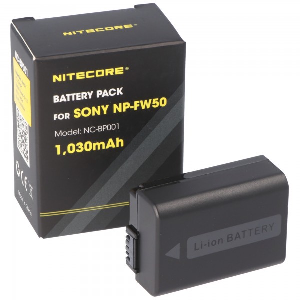 Nitecore NP-FW50 camera batterij, NC-BP001, NP-FW50, ideaal voor veel Sony cameramodellen, 7.4V, 1030mAh