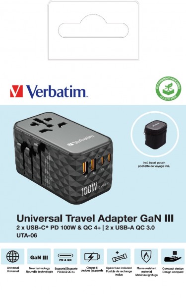 Verbatim oplaadadapter, Universal Travel, UTA-06, GaN III, 100W 2x USB-A QC, 2x USB-C PD, 100-250V, detailhandel