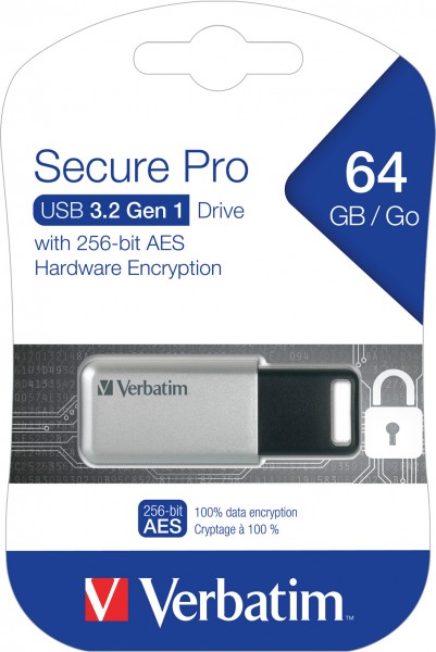Verbatim USB 3.0 Stick 64GB, Secure Pro, Zilver (R) 100MB/s, (W) 35MB/s, AES 256-bit, blisterverpakking