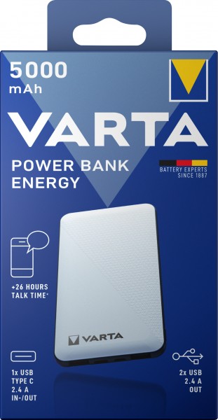 Varta accu powerbank, 5V/5.000mAh, Energy, wit 2xUSB-A/Micro-B/-C