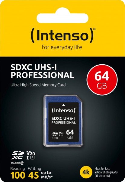 Intenso SDXC-kaart 64GB, Professional, Class 10, U1, UHS-I (R) 100MB/s, (W) 45MB/s, blisterverpakking