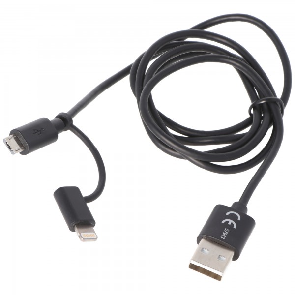 Varta 2in1 oplaad- en synchronisatiekabel USB naar Micro USB en Lightning, Gemaakt voor iPod, iPhone, iPad