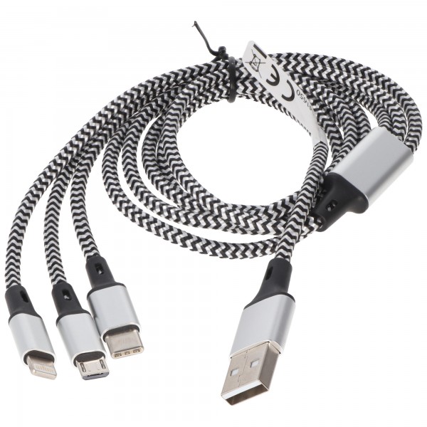 Universele oplaadkabel 3in1 voor Apple, USB-C, Miucro-USB robuust met TPE-mantel, aluminium stekkers
