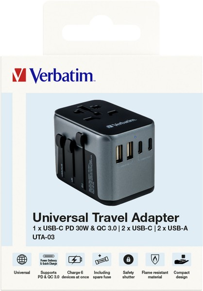 Verbatim oplaadadapter, Universal Travel, UTA-03, zwart 100-250V, 2x USB Type-A, 3x USB Type-C, PD/QC, Retail