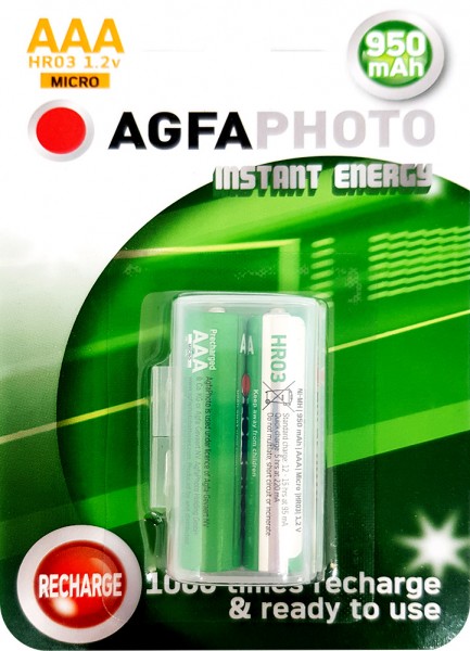 Agfaphoto Oplaadbare Batterij NiMH, Micro, AAA, HR03, 1.2V/950mAh Instant Energy, Voorgeladen, Retail-blisterverpakking (2 stuks)