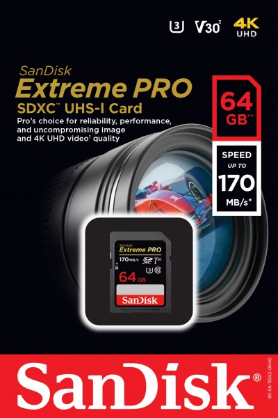 Sandisk SDXC-kaart 64 GB, Extreme PRO, U3, UHS-I, 4K UHD (R) 170 MB/s, (W) 90 MB/s, blisterverpakking