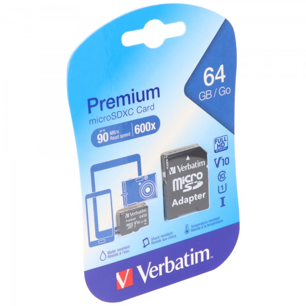 Verbatim microSDXC-kaart 64 GB, Premium, klasse 10, U1 (R) 90 MB/s, (W) 10 MB/s, SD-adapter, blisterverpakking