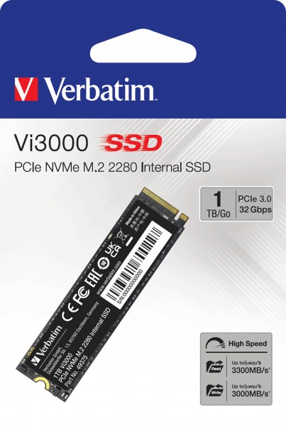 Verbatim SSD 1 TB, PCIe 3.0, M.2 2280, NVMe, Vi3000 (R) 3300 MB/s, (W) 3000 MB/s, detailhandel