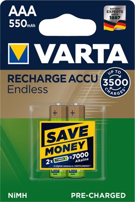 Varta Recharge Accu Endless AAA 550mAh blisterverpakking van 2, ook geschikt voor Gigaset A420 A telefoonbatterij