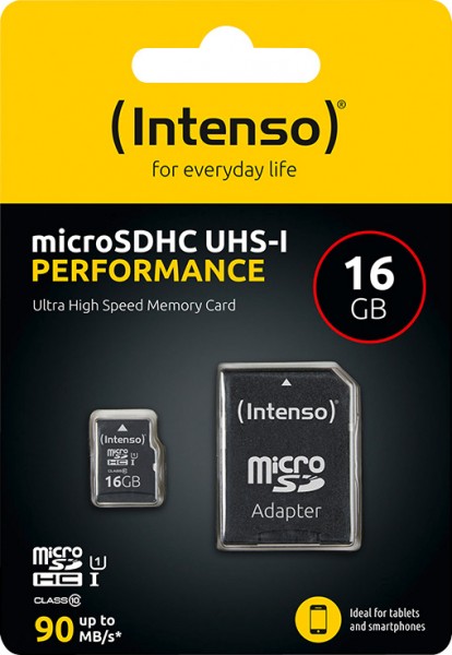 Intenso microSDHC-kaart 16 GB, prestatie, klasse 10, U1 (R) 90 MB/s, (W) 10 MB/s, SD-adapter, blisterverpakking