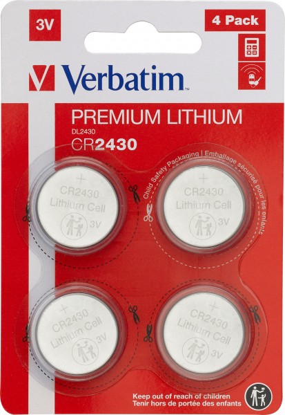 Verbatim batterij lithium, knoopcel, CR2430, 3V retailblisterverpakking (4-pack)