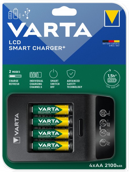Varta oplaadbare batterij NiMH, universele oplader, LCD Smart Charger+ incl. batterijen, 4x Mignon, AA, 2100mAh, USB