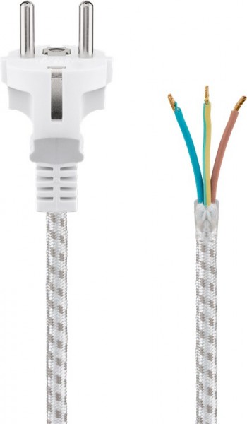 Goobay geaarde kabel, hittebestendig voor montage, 3 m, wit-zilver - hybride stekker (type E + F, CEE 7/7) > losse kabeleinden