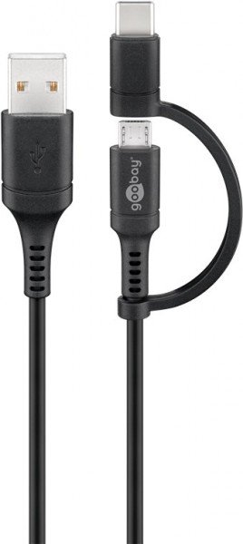 Oplaad- en synchronisatiekabel combinatiekabel, kabel met Micro-B en USB-C connector, 2in1 laadkabel, 1m, zwart